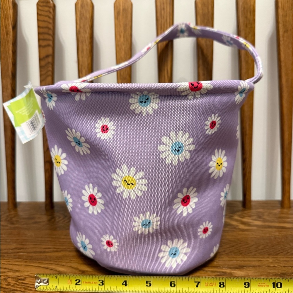 NWT Purple Daisy Smiley Face Canvas Easter Basket Bucket